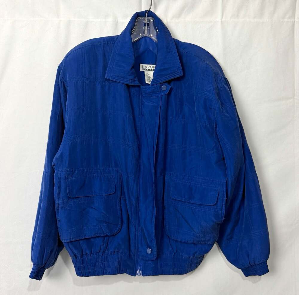 Lavon Petites Women's Blue Silk Bomber Jacket Zip Front Pockets Sz PM